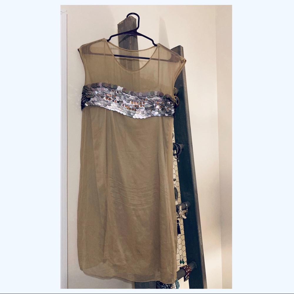 Ports 1961 | 100% Silk | Tan + Sequin Midi Dress